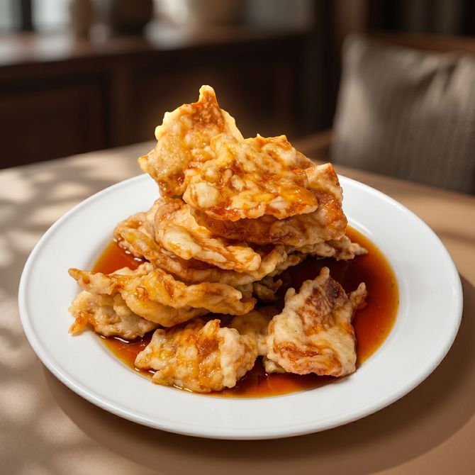 Plate of crispy fried chicken pieces in reddish sauce on a white dish on a table
