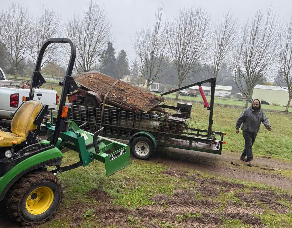 A person walks beside a utility trailer loaded with heavy logs in a grassy, rural setting near a tractor.