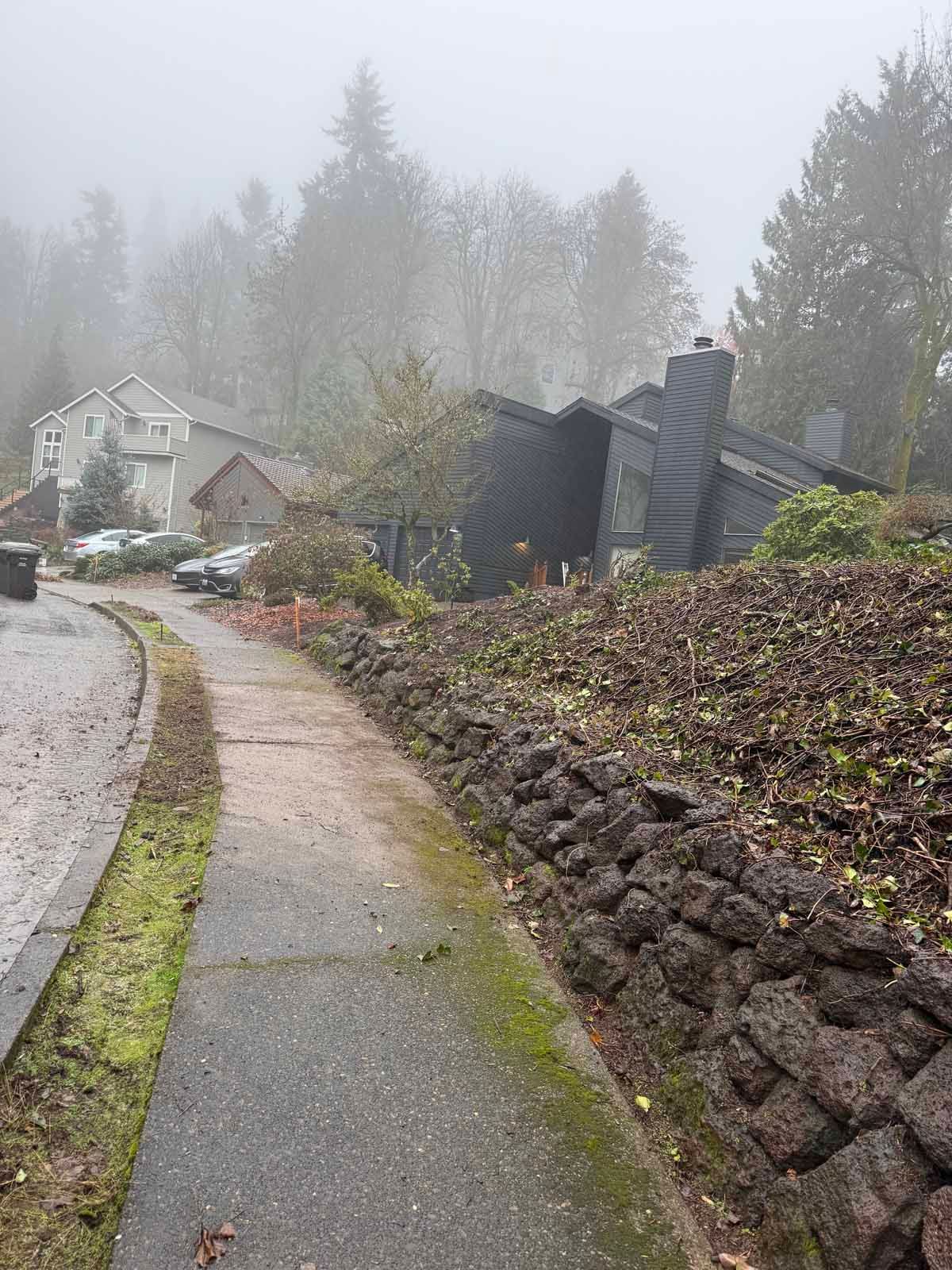 A sidewalk leads along a stone retaining wall past a dark-colored house on a foggy, overcast day.