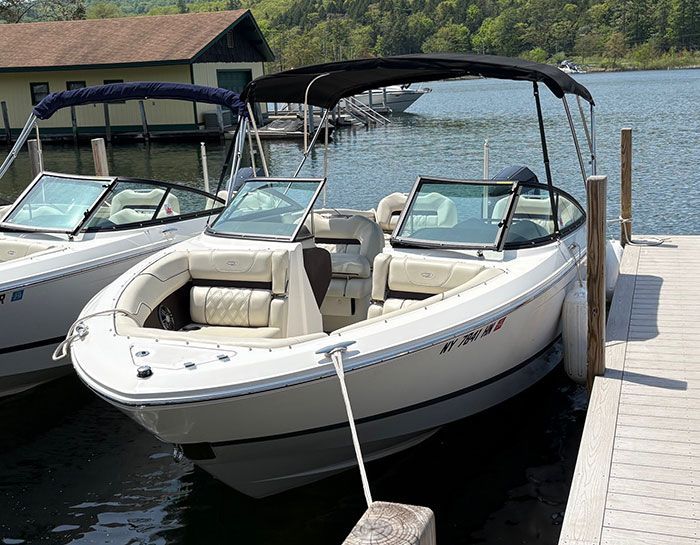Black Barletta tritoon tied to the dock.