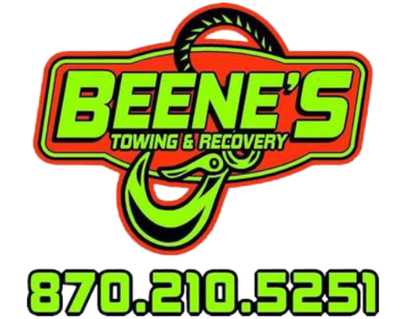 BEENE'S Towing & Recovery logo in neon green, red, and black with phone number 870.210.5251
