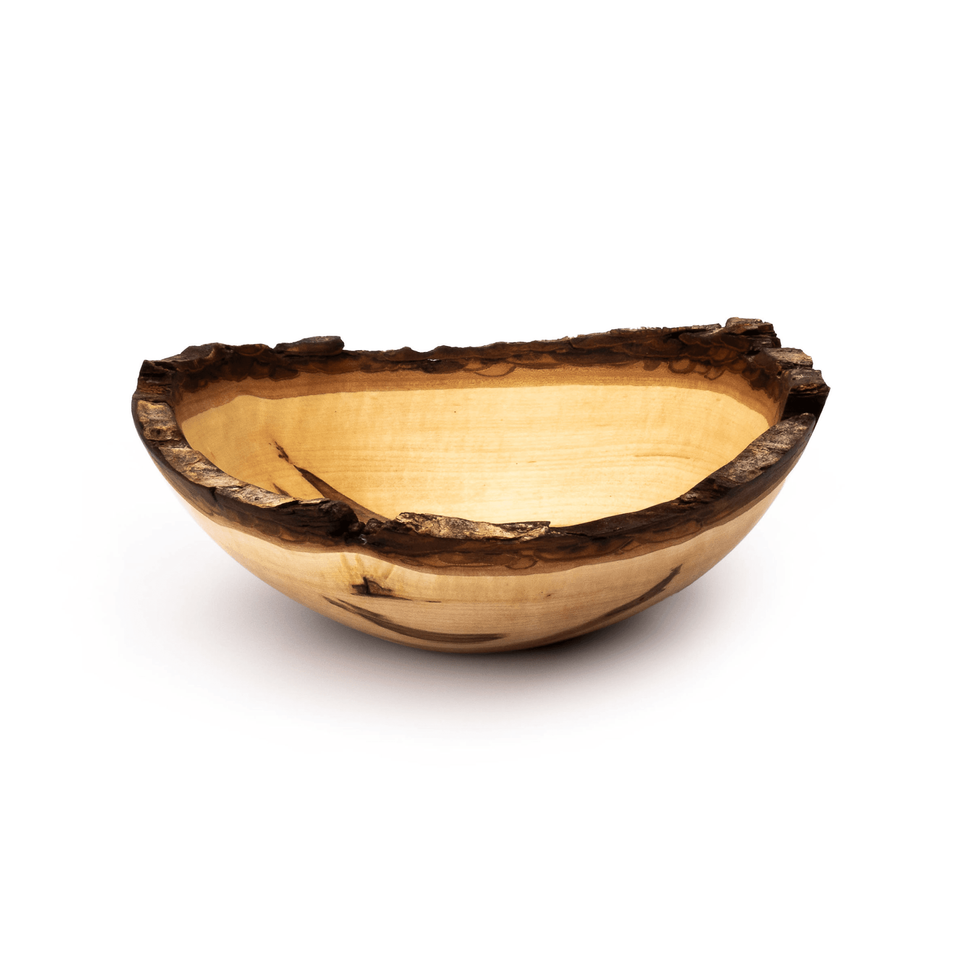 Wooden bowl with a natural bark rim and light interior