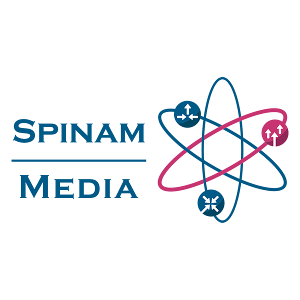 Logo voor Spinam Media met de bedrijfsnaam in blauwe tekst naast een blauw en roze atoomachtig icoon.
