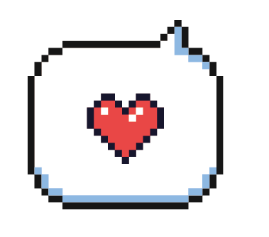 Pixel-art red heart inside a white rounded square speech bubble with a small blue corner fold