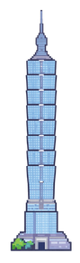 Taipei 101 skyscraper in light blue with a tiered spire and a small base on white background