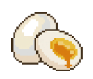 Two pixel-art boiled eggs, one cut open with a golden runny yolk