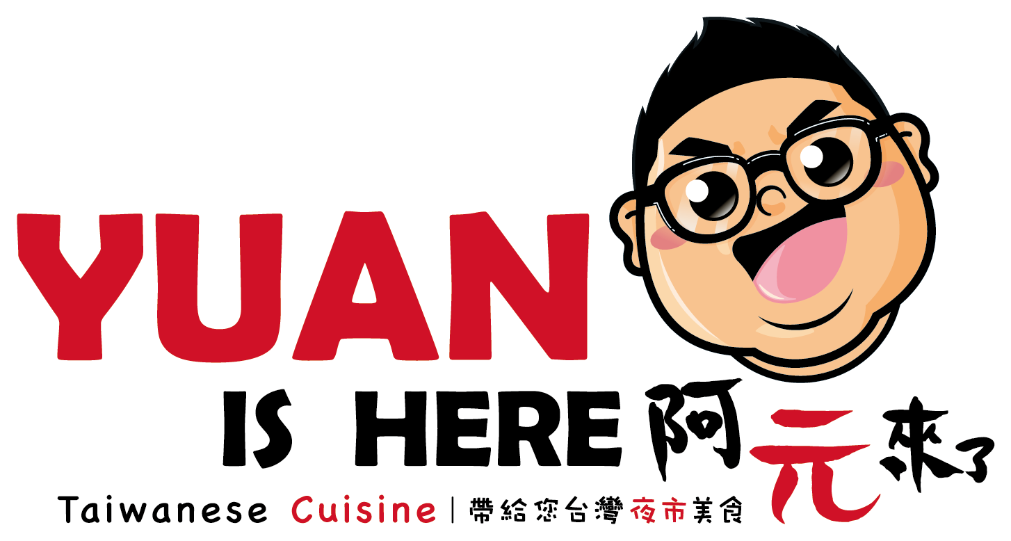Red and black &ldquo;YUAN IS HERE&rdquo; sign with a cartoon face and Chinese characters for Taiwanese cuisine.