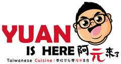 Red and black &ldquo;YUAN IS HERE&rdquo; sign with a cartoon face and Chinese characters for Taiwanese cuisine.