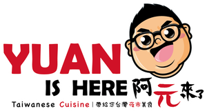 Red and black &ldquo;YUAN IS HERE&rdquo; sign with a cartoon face and Chinese characters for Taiwanese cuisine.