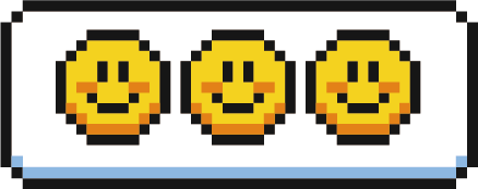 Three smiling yellow emoji faces in a row inside a white rounded rectangle with black border