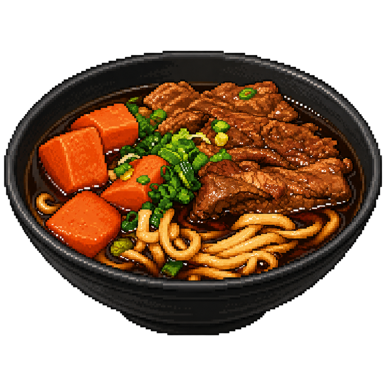 A bowl of ramen with sliced beef and green vegetables, shown in a pixel art style.