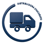 Logotipo de un camión de reparto azul con “Distribuidora Chacabuco” en un borde circular.