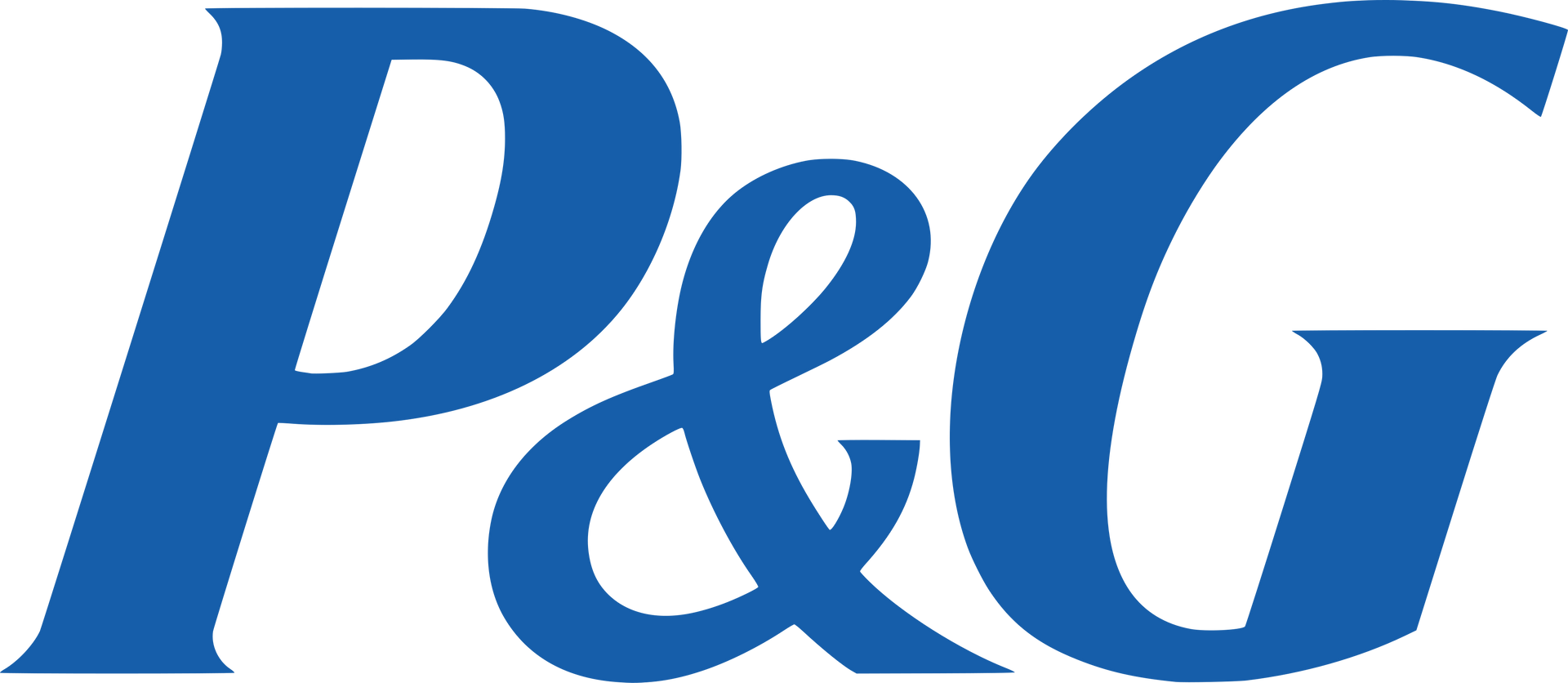 Logotipo de P&G en letras azules cursivas sobre un fondo blanco.