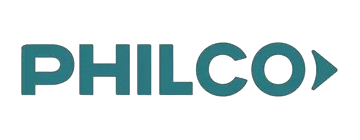 Logotipo de PHILCO en color turquesa con un triángulo apuntando hacia la derecha.