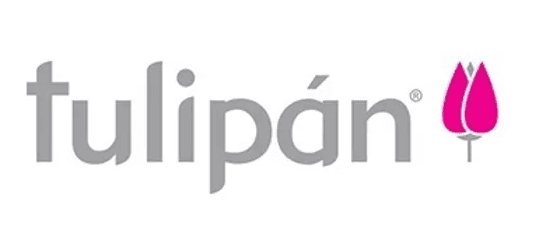 Logotipo de Tulipán con texto gris y un icono de tulipán rosa.