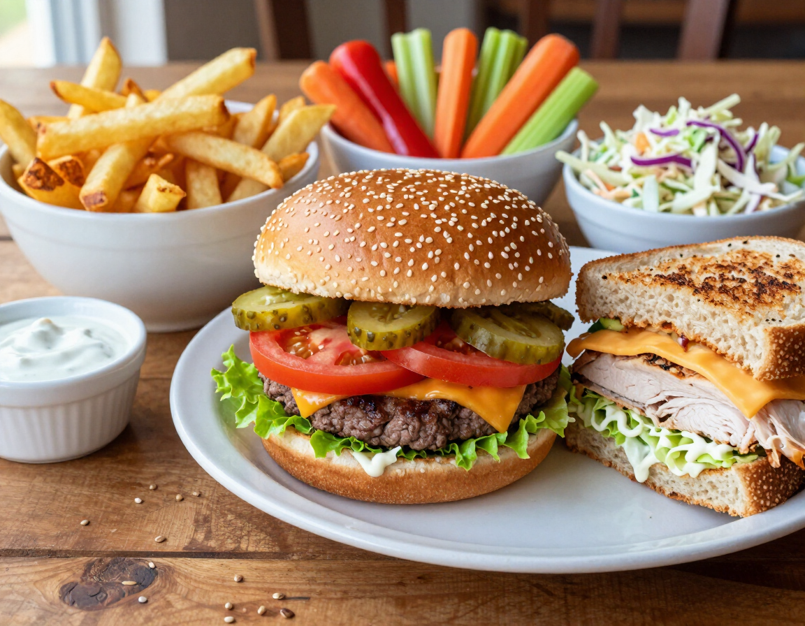 Burger, sandwich, and shared sides on a table
