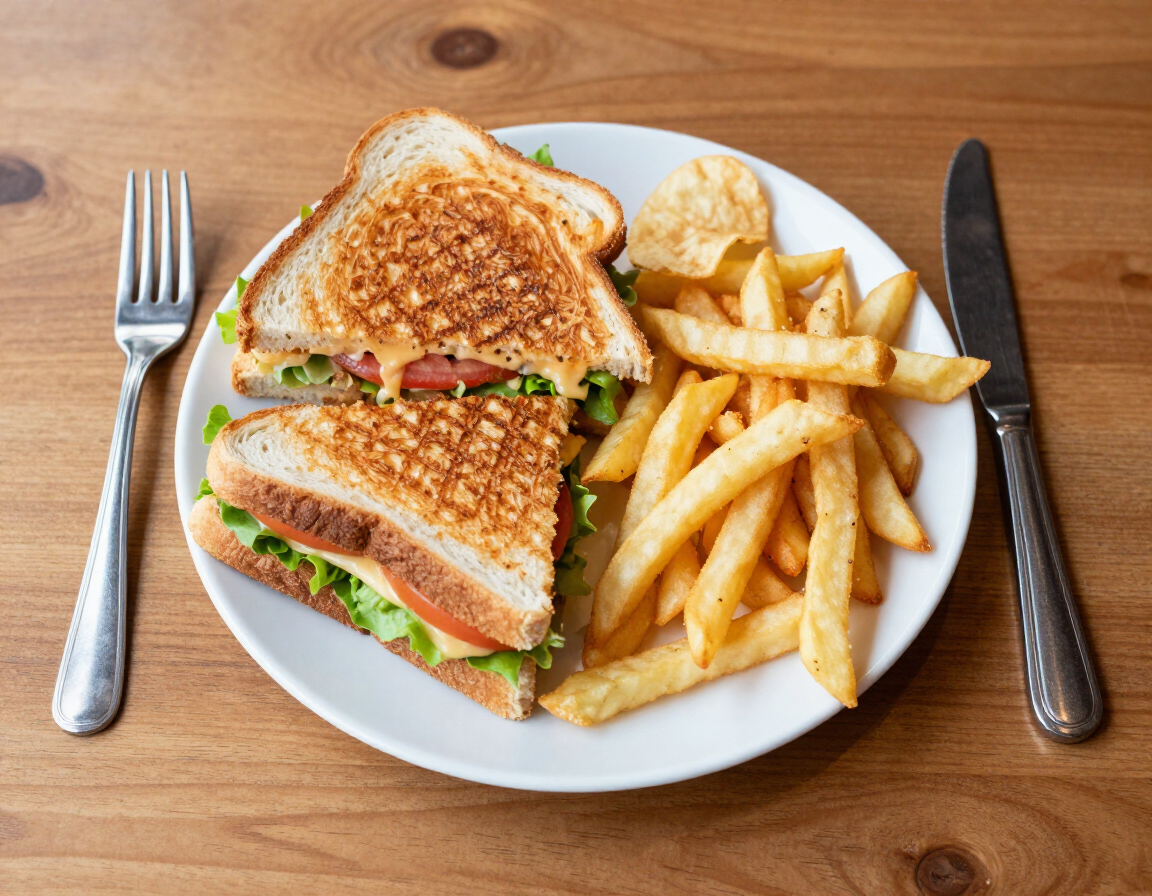 Toasted sandwich with chips and fries