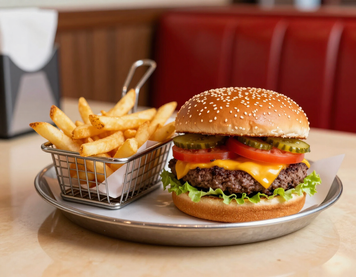 Cheeseburger with fries on a diner table