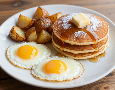 All-day breakfast plate with eggs, pancakes, and breakfast potatoes at Hope Kitchen