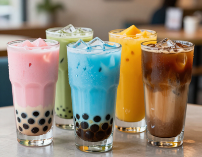 Colorful boba drinks and iced coffee with tapioca pearls at Hope Kitchen