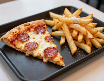 Affordable pizza slice and fries from the Hope Kitchen Value Menu