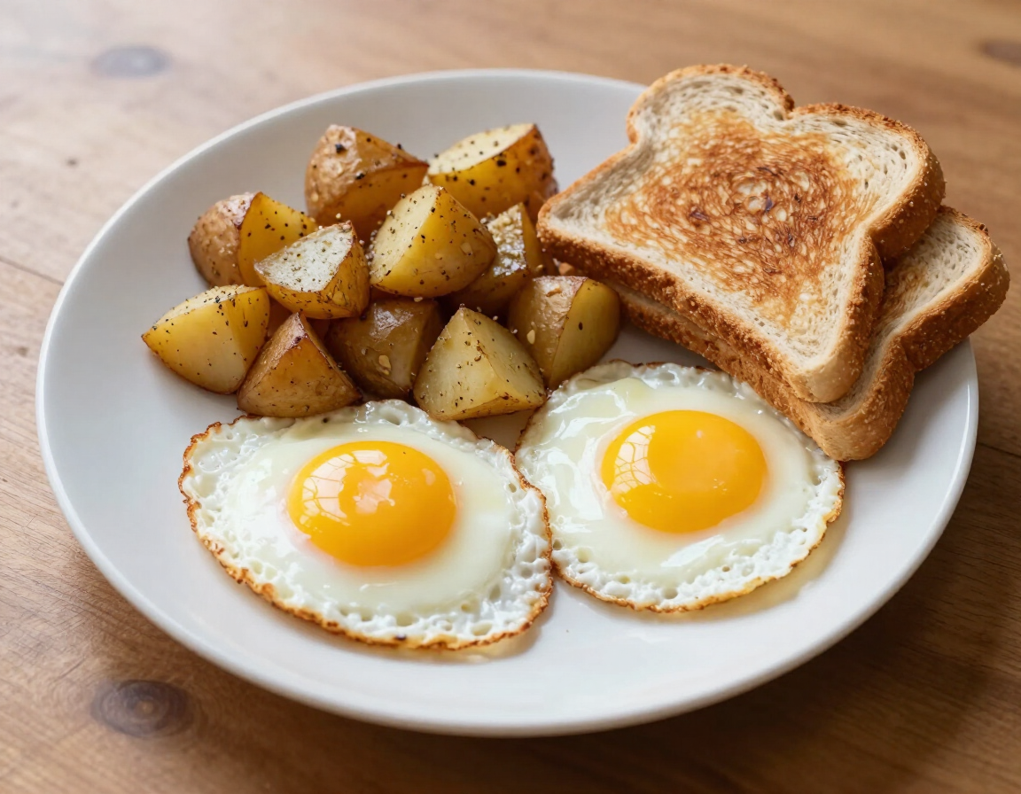 Simple Breakfast plate with two eggs, breakfast potatoes, and toast