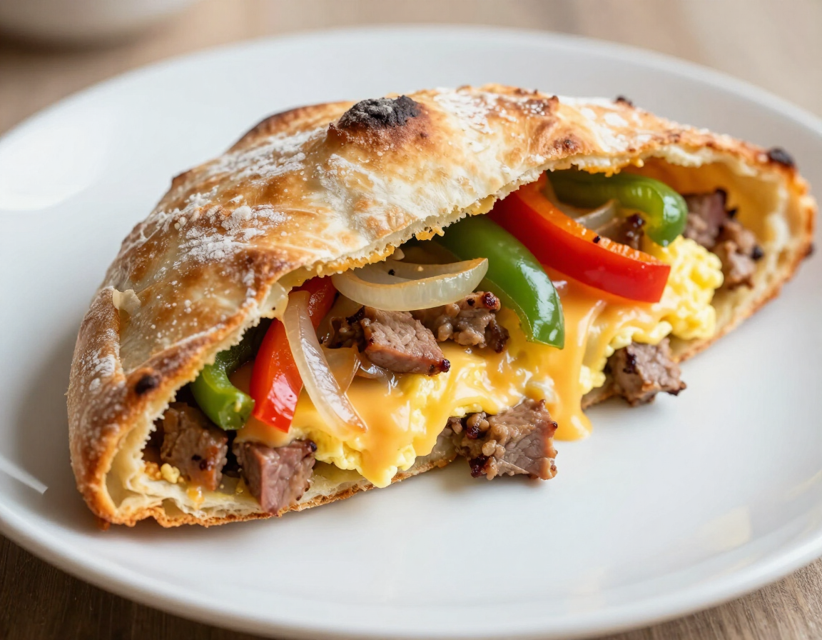 Breakfast Calzone with egg, meat, cheese, peppers, and onions