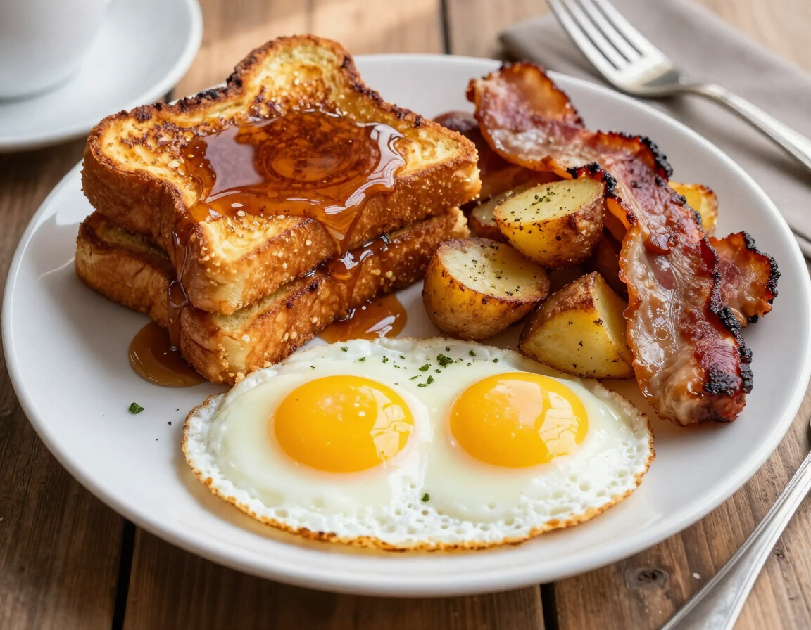 French Toast Platter with eggs, meat, breakfast potatoes, and syrup