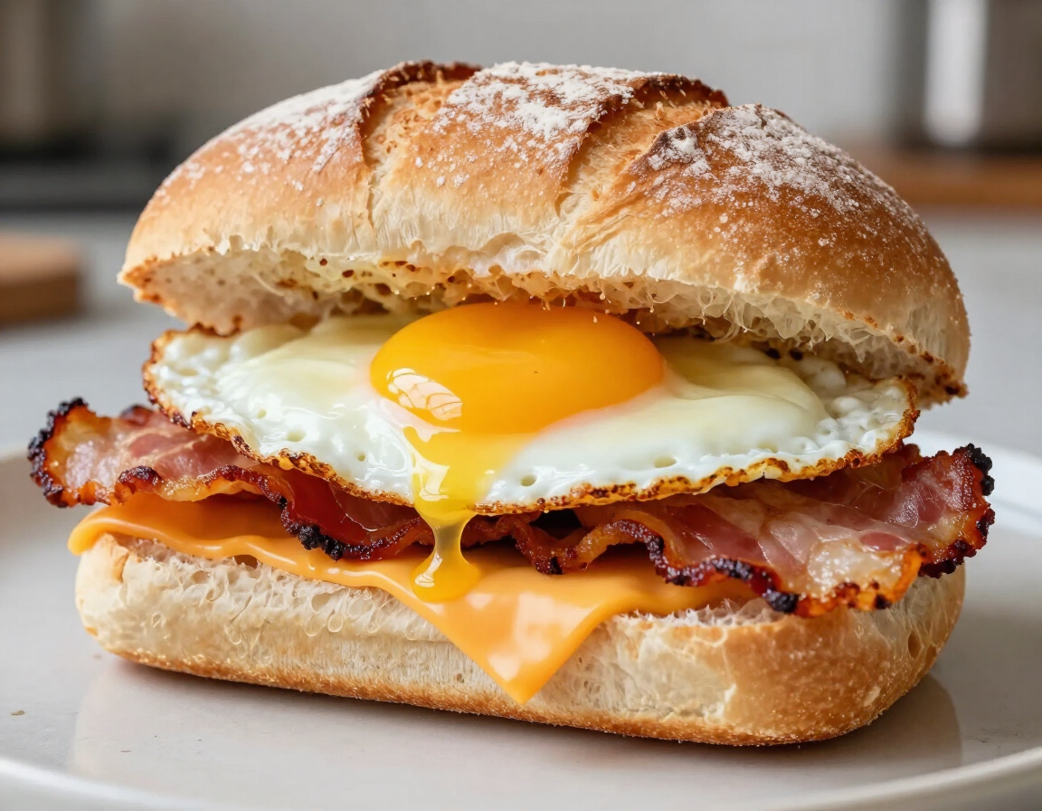 Breakfast Sandwich with egg, cheese, and meat on homemade bread