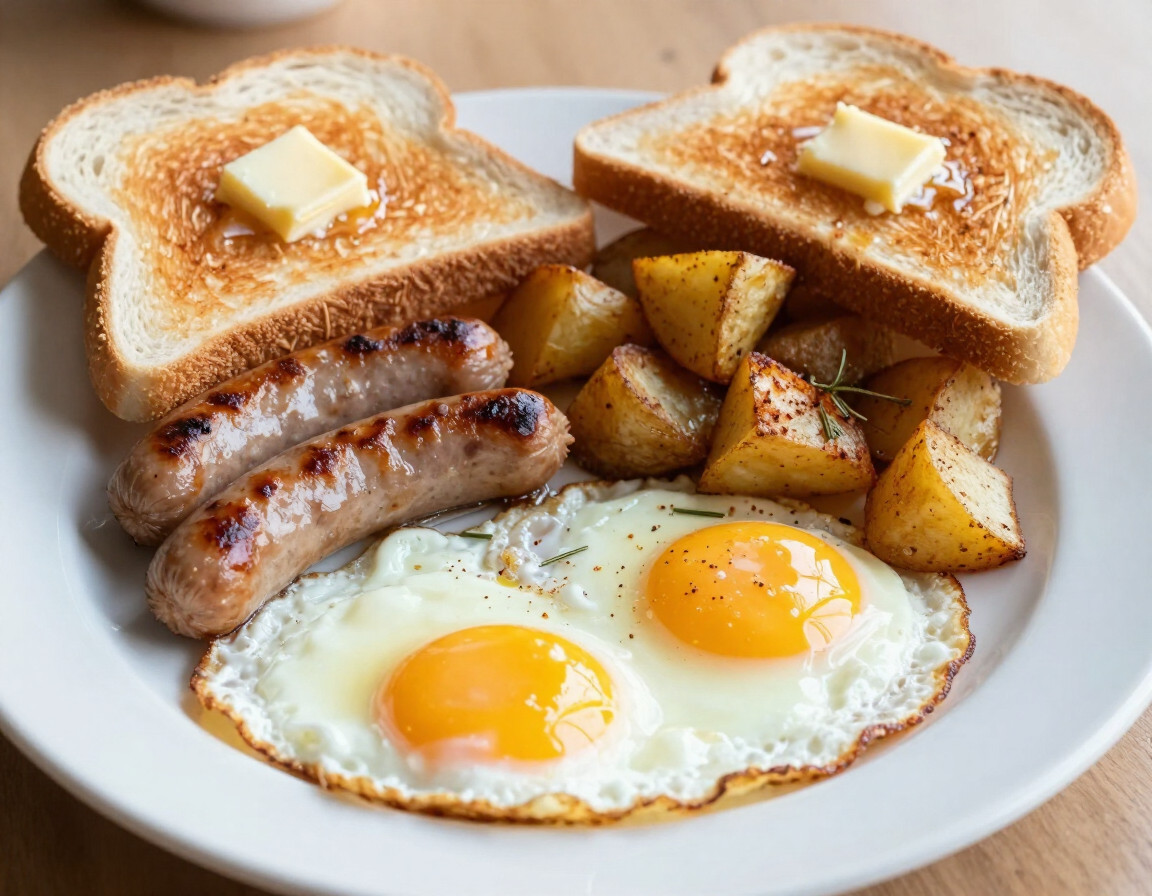 American Breakfast with eggs, meat, breakfast potatoes, and toast