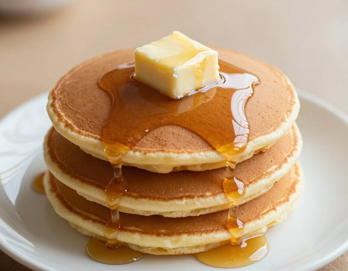 Tall Stack Pancakes with butter and syrup