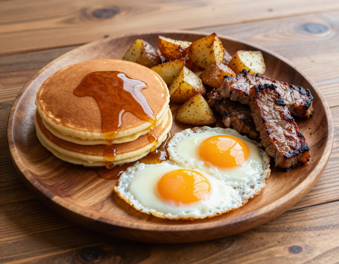 Pancake Platter with eggs, meat, breakfast potatoes, and syrup