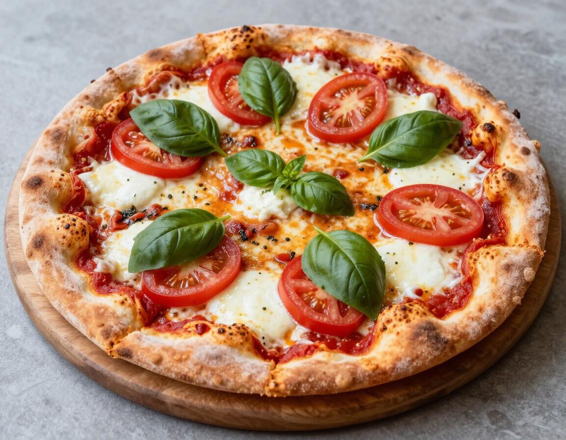 Margherita pizza with fresh mozzarella, basil, and tomatoes
