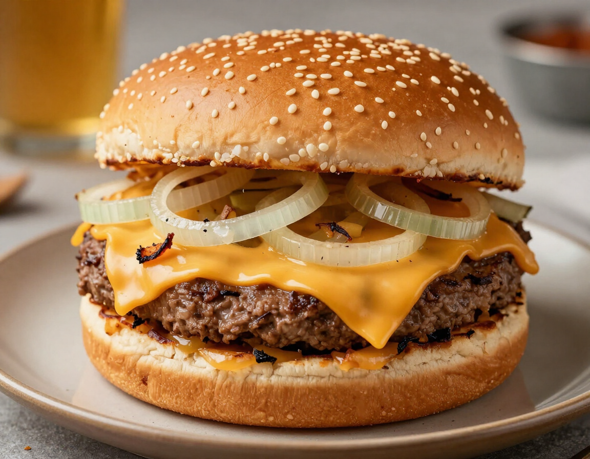 Cheeseburger pizza with hamburger, cheese, and onions