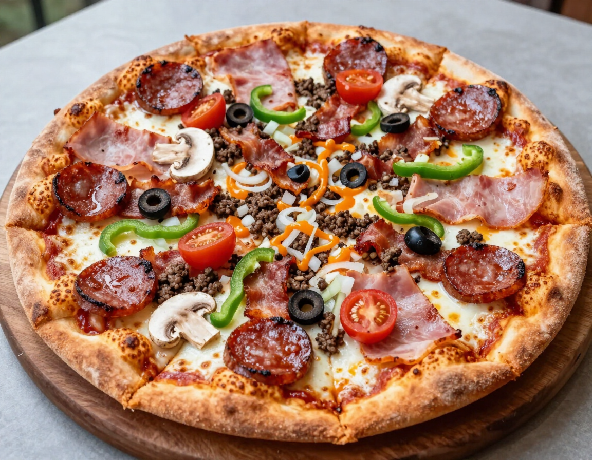 Supreme OG pizza loaded with meats and vegetables