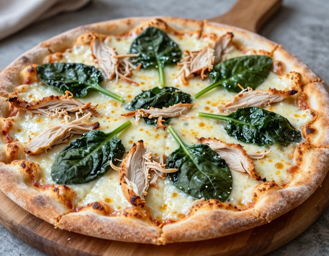 Chicken Garlic pizza with garlic cream sauce, chicken, and spinach