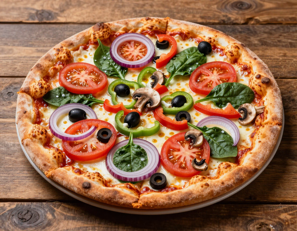 Garden Of Eden Veggie Patch pizza with onion, peppers, mushrooms, olives, spinach, and tomatoes