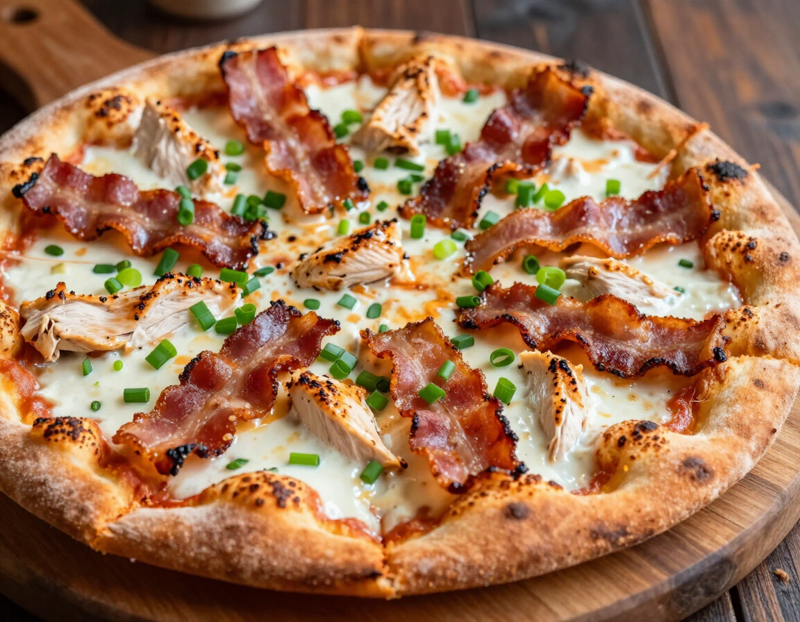 Chicken Bacon Ranch pizza with ranch sauce, chicken, bacon, and green onion