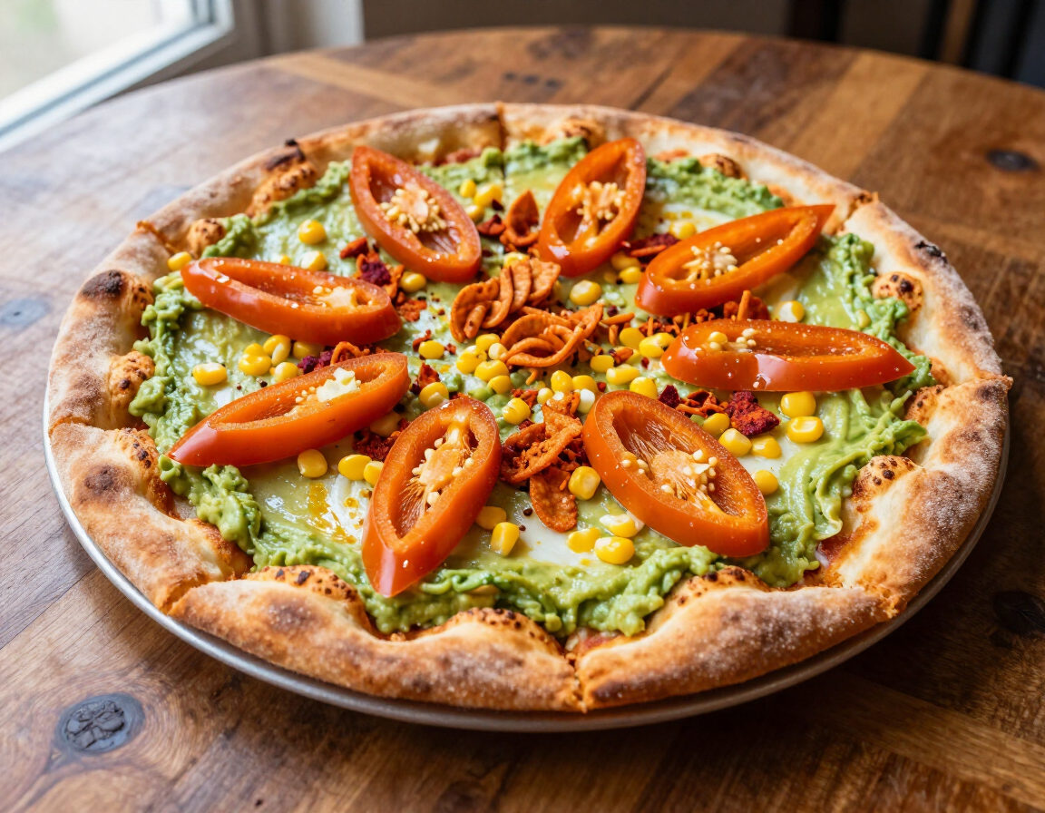 Blaze Of Glory pizza with spicy avocado sauce, habanero, corn, and Hot Cheetos