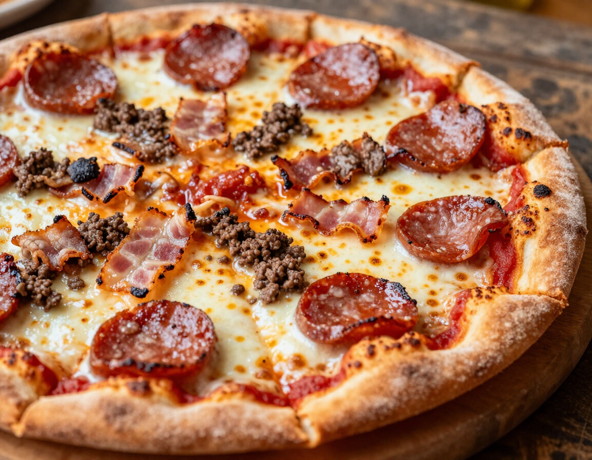 Greedy Meaty pizza with sausage, pepperoni, bacon, hamburger, and ham