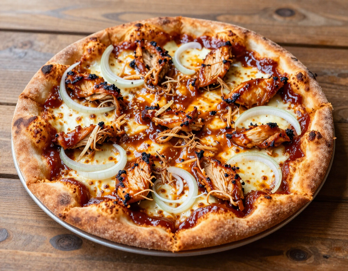 Chicken BBQ pizza with BBQ sauce, chicken, and onion