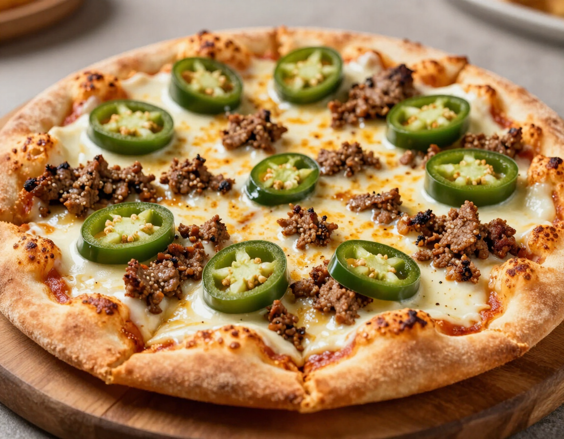 Jalapeño Popper Pizza with cream cheese sauce, sausage, and jalapeños