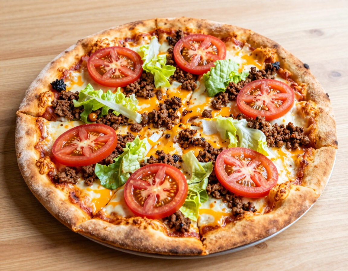 Taco pizza with taco meat, lettuce, tomato, and cheese