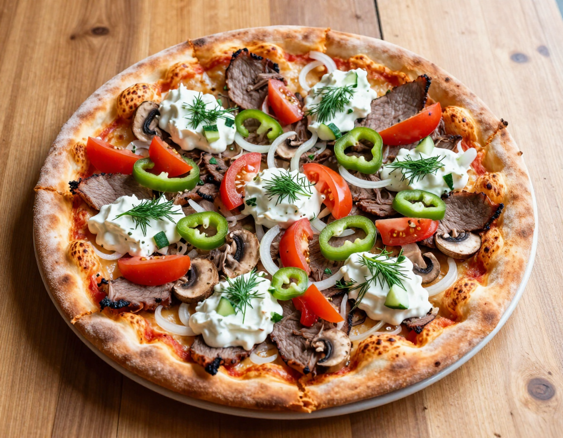Gyro Pizza with gyro meat, tomatoes, onions, peppers, mushrooms, and tzatziki sauce