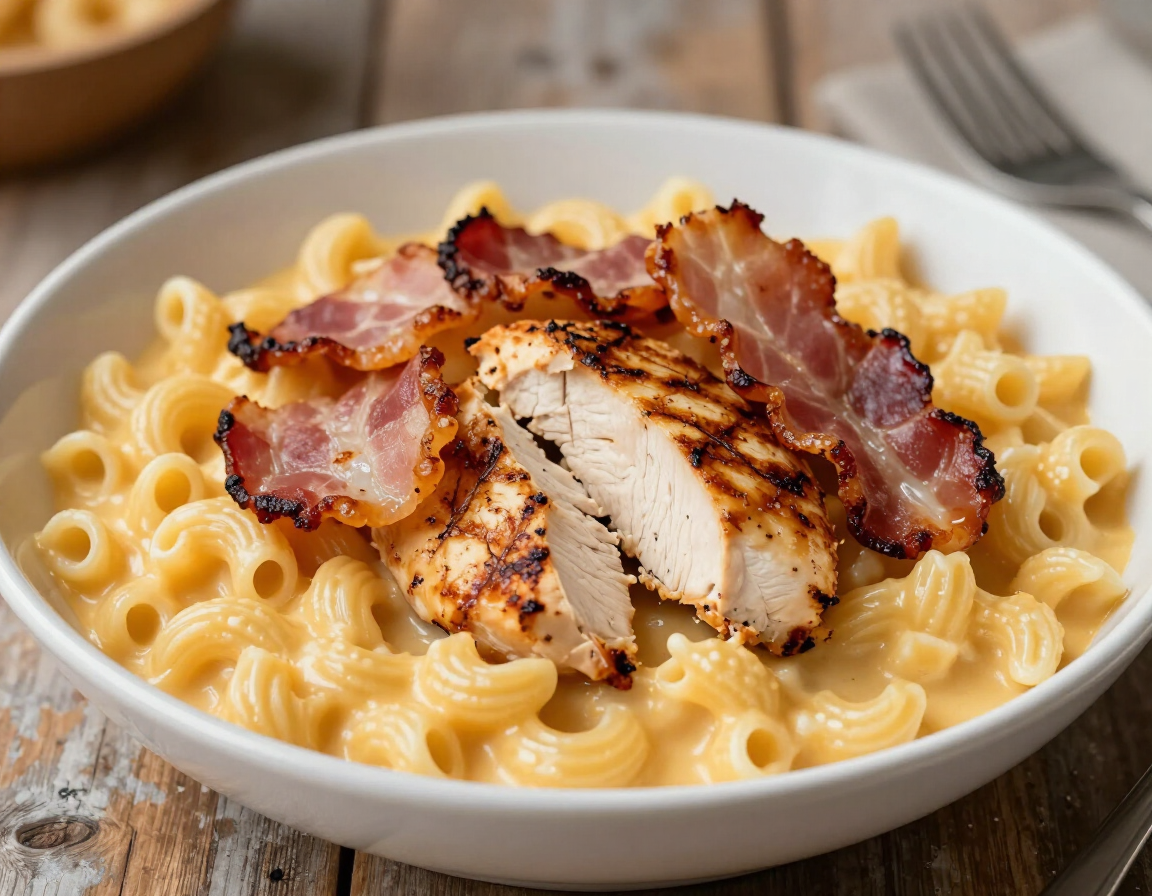 Deluxe Mac and Cheese topped with chicken and bacon