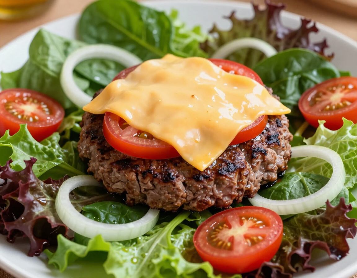 Cheese Burger Salad with hamburger, tomato, cheese, and onion