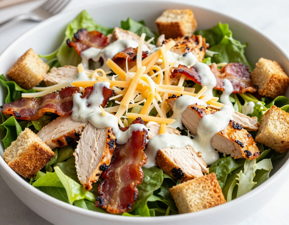 Chicken Bacon Ranch Salad with chicken, bacon, cheese, and croutons