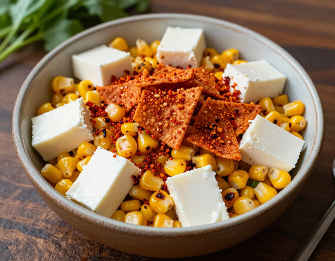 Blaze of Glory Salad with roasted corn, cheese, and crushed Flaming Hot Cheetos