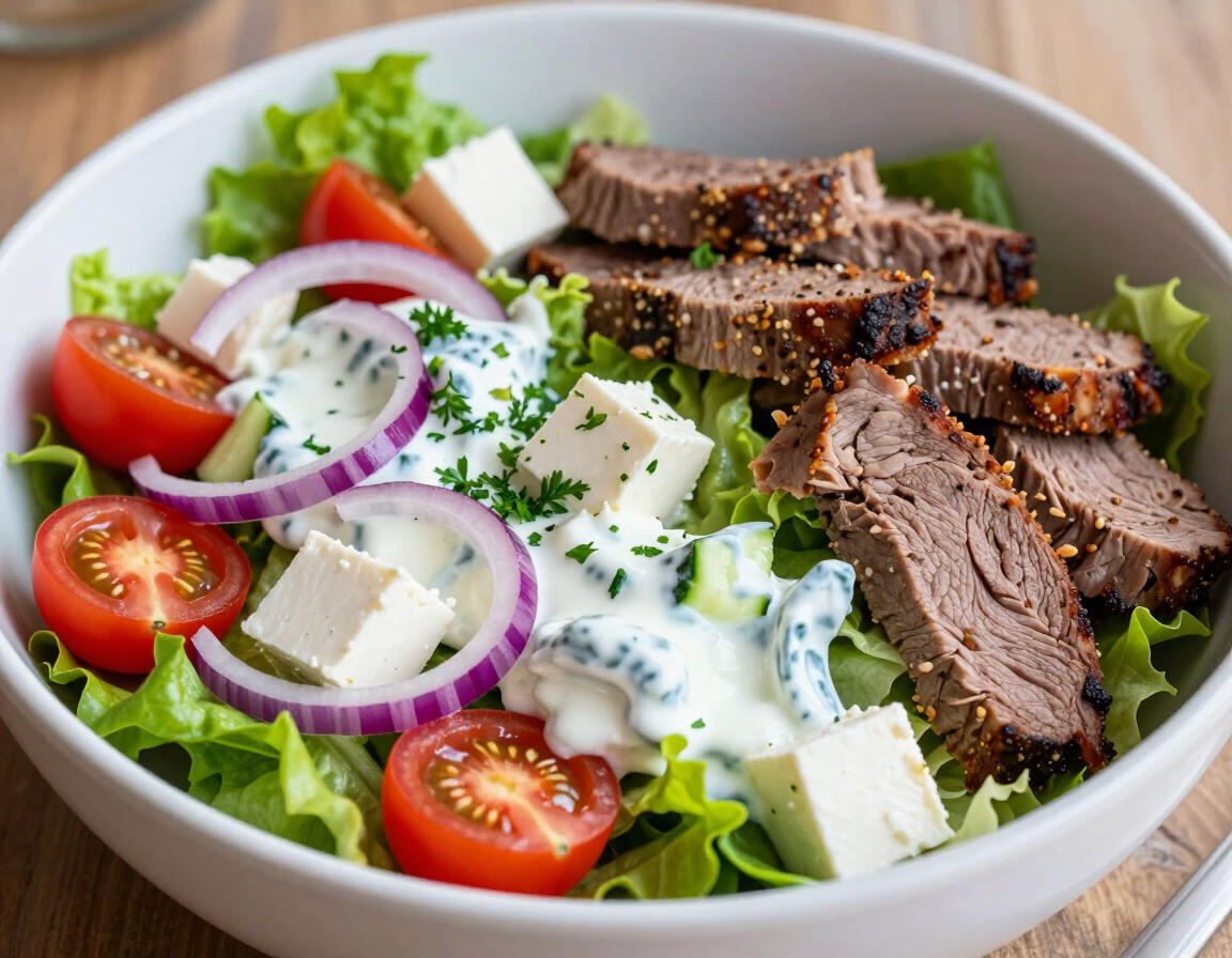 Gyro Salad with feta cheese, tomato, onion, and tzatziki dressing