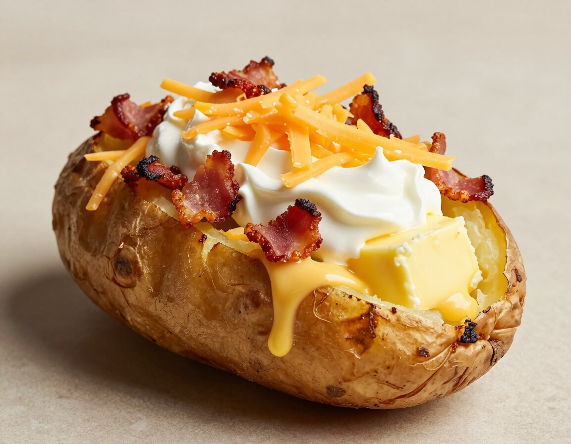 Loaded Baked Potato with butter, sour cream, onion, bacon, and cheese